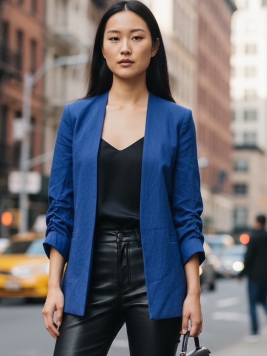 Alice + Olivia Jackets & Blazers - Alice + Olivia Cobalt Blue Linen Blend Ruched Sleeve Blazer Size 8